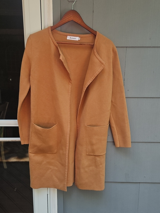 Anrabees Sweaters - Lightweight Open-Front Camel Cardigan with Patch Pockets